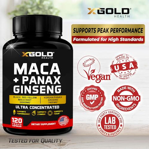 X Gold Health - Cápsulas de Raiz de Maca 10.000mg Ginseng Coreano Panax 1.400mg – Extrato Concentrado 20x Maca Preta Vermelha Amarela, Cápsulas de Extrato Concentrado 10x Ginseng Panax – Ultra