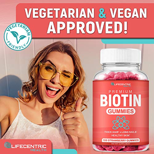 LifeCentric Health - Biotina Gummies para Crescimento Capilar | Biotina Max Strength 10000mcg Previne Afinamento e Queda | Gomas de Biotina Mastigáveis para Mulheres, Homens e Crianças | 100 Unidades Veganas de Gomas Capilares