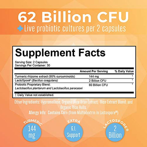 Probiótico Cúrcuma Extra Suporte GI | 62 Bilhões UFC | Ingredientes Orgânicos Complexo de Cúrcuma com Probióticos | Cápsulas de Cúrcuma Curcumina para Digestão | 62g - MaryRuth Organics