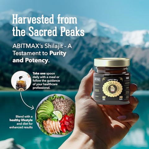 ABitmax - Shilajit Resina Orgânica Pura do Himalaia 50g, Alta Potência 800mg, Grau A Dourado, 85 Minerais Traços