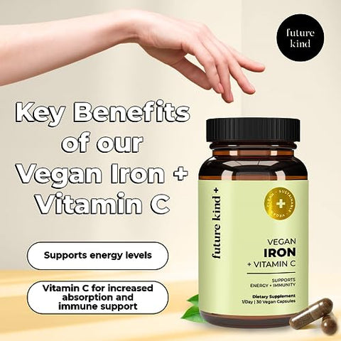 Vegan Iron Supplement with Vitamin C (30 Cápsulas de Ferro) em Frasco de Vidro – Suplemento de Ferro Vegano com Vitamina C para Energia e Concentração - Future Kind