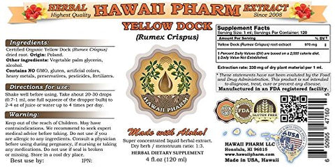 Yellow Dock Extrato Líquido, Orgânico Yellow Dock (Rumex Crispus) Tintura, Hawaii Pharm, 118 ml, 4 fl.oz, Made in USA
