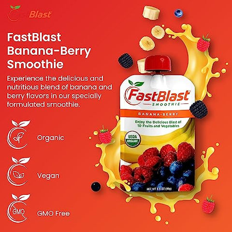 FastBlast - Smoothie de Banana-Berry Orgânico Certificado pelo USDA – Marca: Primeiro Texto: Delicioso e Saudável