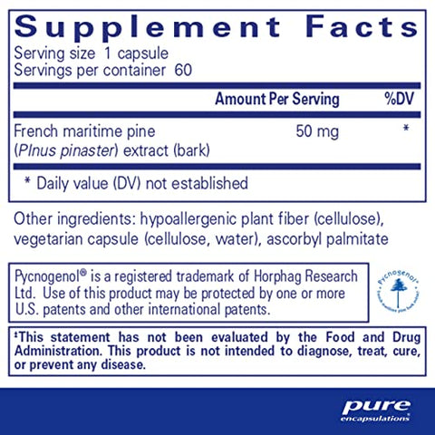 Pure Encapsulations - Pycnogenol 50 mg | Extrato de Casca de Pinheiro | Suporte à Função Cognitiva e Saúde Cardiovascular | 60 Cápsulas |