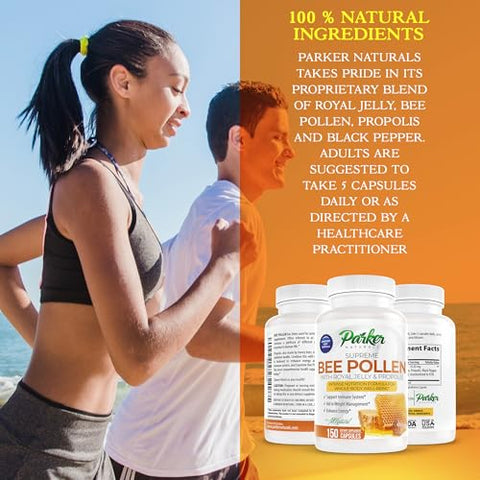 Parker Naturals - Supreme Bee Pollen Capsules – 3520 mg Royal Jelly, Bee Pollen e Bee Propolis – Suplemento Natural de Pólen de Abelha para Adultos – 150 Cápsulas