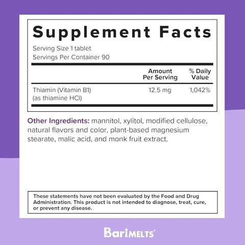 Vitamina B1-3 Fornecimento de 3 Meses (90 Comprimidos de Dissolução Rápida) – Vitaminas Bariátricas Pós-Operatórias - BariMelts