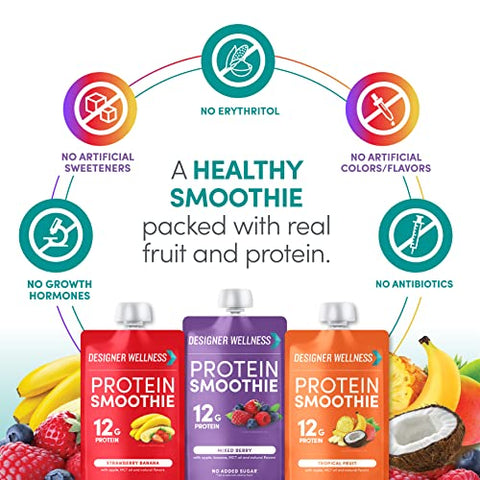 Smoothie de Proteína Designer Wellness, Frutas Reais, 12g de Proteína, Baixo Carboidrato, Zero Açúcar Adicionado, Sem Glúten, Não-OGM, Sem Cores ou Sabores Artificiais, Pacote Variado, 12 Unidades