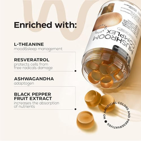 Wellneum - Gummies de Cogumelo 5000 Mg para Adultos – Mistura de Leão Mane e 9 Cogumelos Adaptogênicos – Ashwagandha, L-Theanine – Gummies de Cogumelo para Energia, Imunidade, Foco, Estimulante Cerebral – Sem