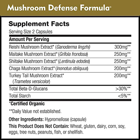 DailyNutra - Fórmula de Defesa de Cogumelos – Suplemento de Suporte Imunológico | Cogumelos Orgânicos, Extraídos em Água Quente – Reishi, Chaga, Maitake, Shiitake | Marca: Mushroom Defense Formula
