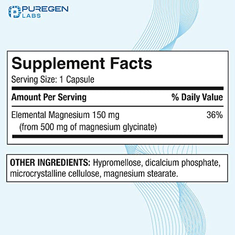 P Puregen Labs - Magnésio Glicinato 500mg [Alta Potência] 120 Cápsulas Vegetais, Quelado para Absorção Superior, Sem OGM, Sem Glúten e Lactose, Suporta Saúde Muscular, Articular e Cardíaca
