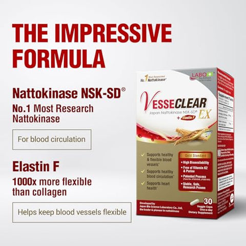 VesseCLEAR EX: Nattokinase NSK-SD Elastin F para Limpeza – 60 cápsulas - LABO Nutrition