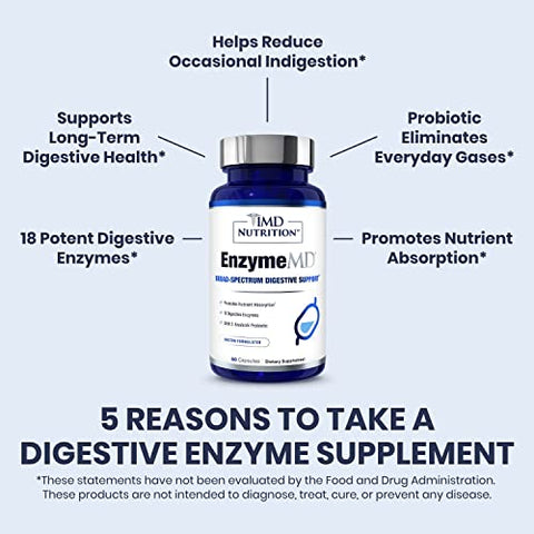 EnzymeMD – Suplemento de Enzimas Digestivas – Fórmula Médica | 18 Enzimas à Base de Plantas – Combate Gases - 1MD Nutrition