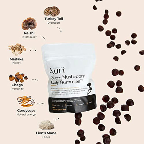 Super Mushroom Gummies – Suplemento Diário de Cogumelos em Goma – Mistura de 12 Cogumelos com Chaga, Lions Mane, Reishi, Cordyceps – 60 Gummies - Auri