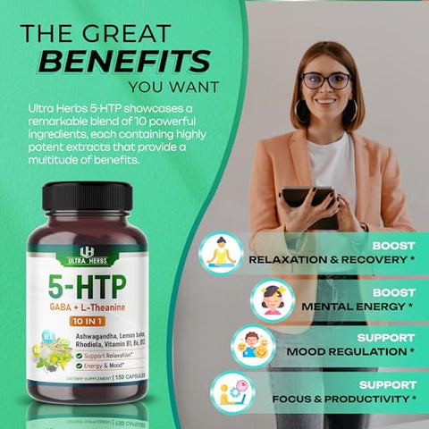 ULTRA HERBS - Suplemento 5-HTP Enriquecido com Ashwagandha, L-Theanine, GABA, Rhodiola | Complexo 10 em 1 de Suporte Ultra para Equilíbrio de Humor, Relaxamento | Marca: [Nome da Marca]
