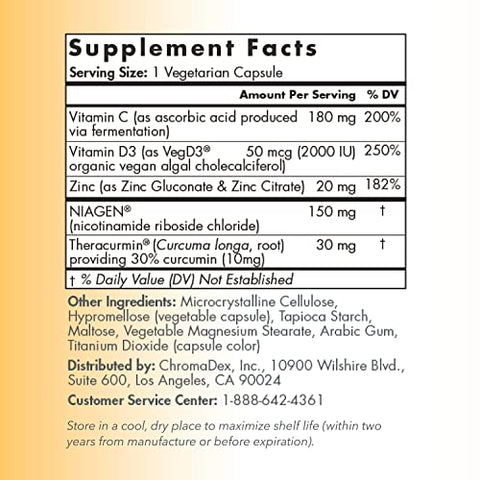 Suplemento de Suporte Imunológico – Vitamina C de Fermentação, Vitamina D3 Vegana 2000 UI, Zinco, além de Theracurmin (Curcumina) – NAD Multi Premiado - TRU NIAGEN