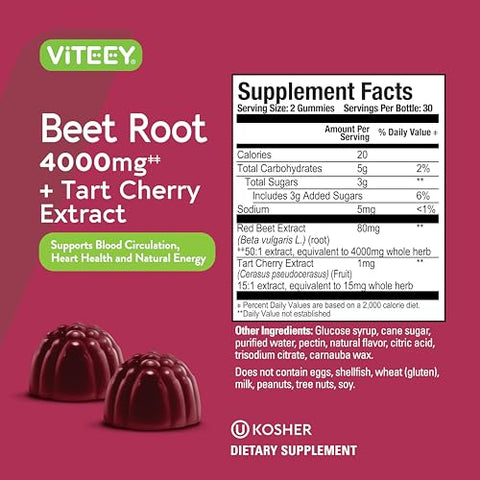Viteey - Gummies de Beterraba 4000mg Cereja Azeda – Suporte para Pressão Arterial Saudável – Vegano, Sem Gelatina, Sem Glúten – Goma de Beterraba Saborosa e Mastigável