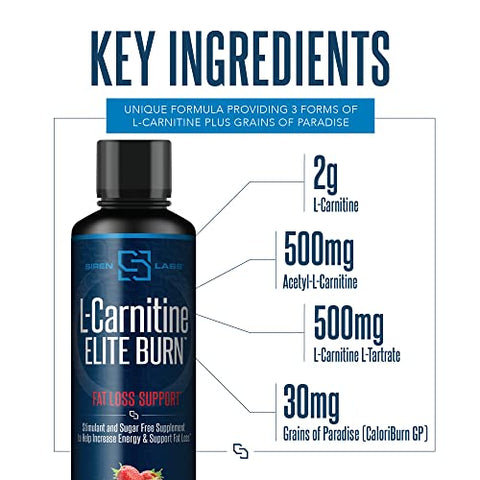 SIRENLABS - Siren Labs L-Carnitine Elite Burn – Queimador de Gordura e Ativador de Metabolismo – Suporte para Perda de Peso – Aumenta Energia – Livre de Estimulantes – Morango