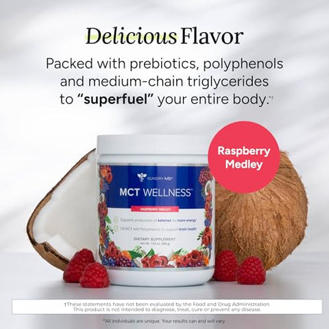 MCT Wellness Powder – Energia, Produção de Cetonas e Saúde Cerebral – Keto Friendly, Sem Açúcar (30 Porções) (Raspberry Medley) - Gundry MD