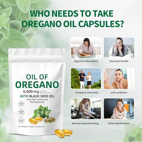 podafu - Óleo de Orégano Softgels, 300 Cápsulas Softgels de Suplemento de Óleo de Orégano, 2 em 1 Formulado com Óleo de Semente Negra 200mg, Não-OGM