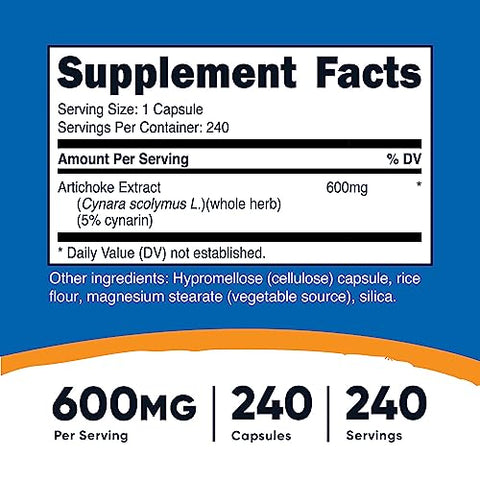 Extrato de Alcachofra 600mg, 240 Cápsulas Vegetarianas – Livre de Glúten, Não-OGM - Nutricost