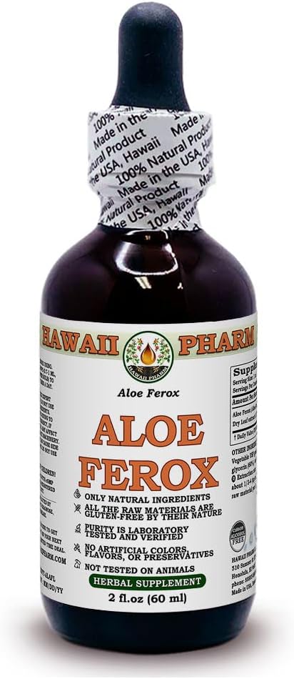 Hawaii Pharm - Extrato Líquido de Aloe Vera Sem Álcool, Glicerito de Folha Seca de Aloe (Aloe Ferox) Suplemento Herbal 60 ml (2 oz)