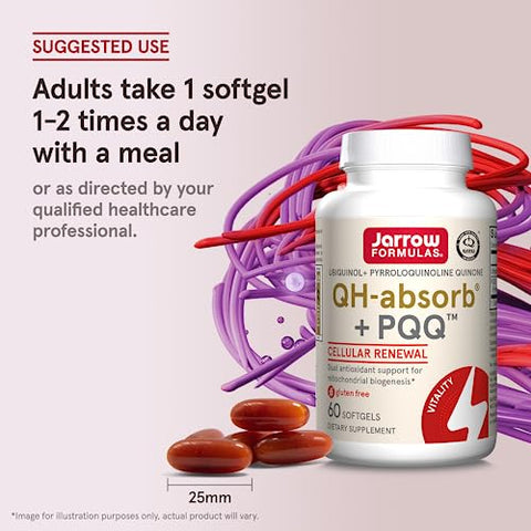 QH-absorb PQQ – Suporte Antioxidante para Biogênese Mitocondrial, Produção de Energia Celular e Saúde Cardiovascular – 60 Softgels, 60 Dias - Jarrow Formulas