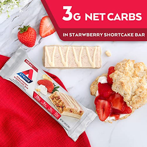 Barra de Proteína Sabor Morango, Alto Teor de Fibras, 1g Açúcar, 3g Carboidratos Líquidos, Substituto de Refeição Keto Amigável, 30 Unidades - Atkins