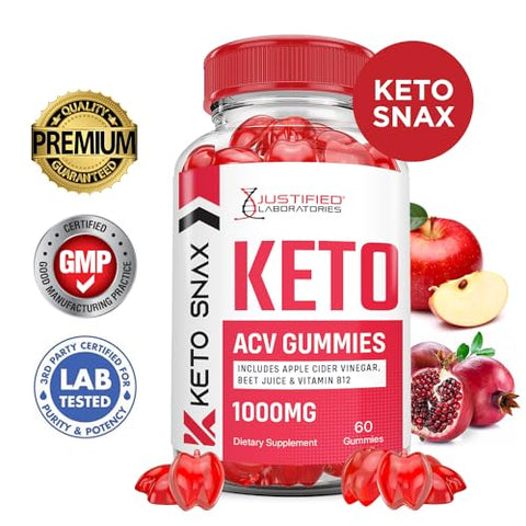 Justified Laboratories - Keto Snax Gummies Keto ACV Avançado 1000MG Fórmula Avançada Keto Snax Gummies Vinagre de Maçã Formulado com Pó de Romã e Beterraba B12 Vegano Não GMO 60 Gomas