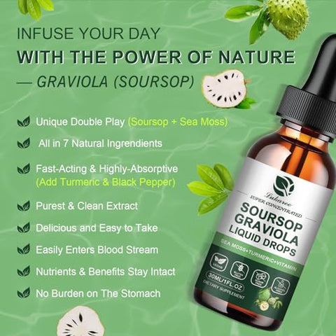 Lukaree - (2 Pacotes) Extrato Líquido de Folha de Graviola Soursop + Musgo do Mar Botânico Puro para Suporte Celular : Pure Botanical