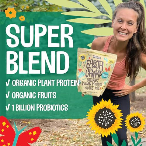Proteína Vegana Orgânica com Probióticos – Sem OGM, Sem Laticínios, Sem Soro, Proteína à Base de Plantas para Mulheres e Homens – Sem Glúten – 26 Porções 32g - EarthChimp