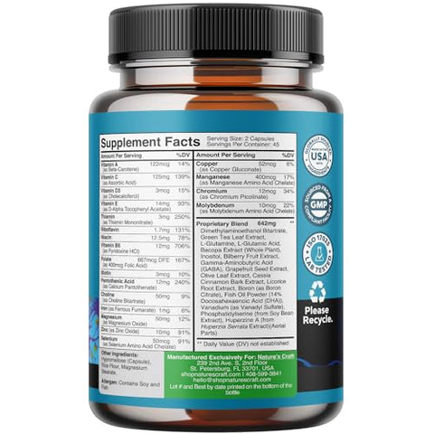Natures Craft - Suplemento Avançado de Suporte Cerebral com Nootrópicos – Energia Mental Sinérgica e Foco com Vitaminas para Melhora Cognitiva – Suplemento para Mente e Memória – Marca: Brain+