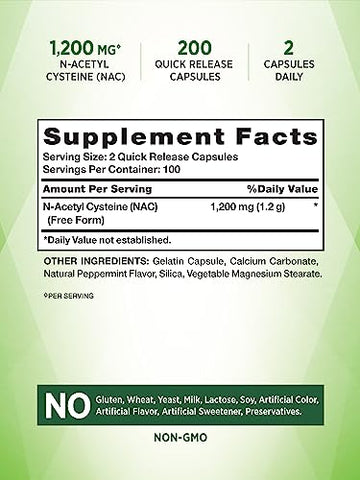 Suplemento Nature’s Truth NAC | N-Acetil Cisteína | 1.200mg | 200 Cápsulas | Aminoácido Livre | Não-OGM