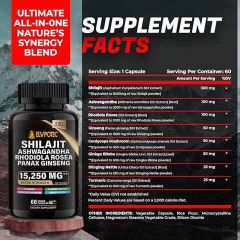 9000MG Shilajit Puro do Himalaia, 2000MG Ashwagandha Energizante, 1000MG Rhodiola Rosea, 1500MG Panax Ginseng, 500MG Cúrcuma, 500MG Ginkgo, 250MG Urtiga, Energia Natural e Saúde Potencializada - ELVPOTEC