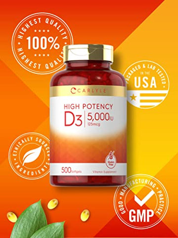 Vitamina D3 5000 UI Cápsulas Softgels | 500 Unidades | Tamanho Econômico | Suplemento Sem OGM e Glúten | Fórmula de Alta Potência | 125mcg - Carlyle
