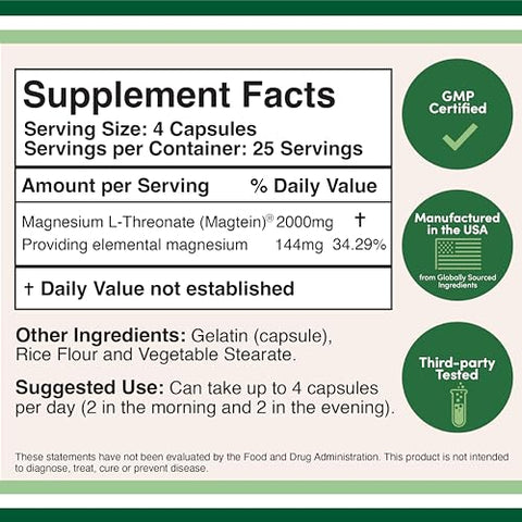 Double Wood Supplements - Cápsulas de Magnésio L Treonato (Magtein) – Suplemento de Alta Absorção – Forma Bioativa para Suporte do Sono e Função Cognitiva – 2.000 mg – 100 Cápsulas