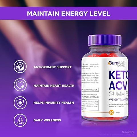 NutraRize - (3 Pack) Gomas BurnWell Keto ACV, Fórmula Avançada de Gomas Burn Well Keto ACV, 1000 MG Vinagre de Maçã, Keto com Vitaminas B e Goma de ACV, Avaliações Oficiais (180 Gomas)