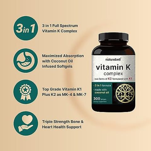Complexo de Vitamina K, K1 K2 (MK-7) – Benefícios para a Saúde Óssea e Cardiovascular | 60 cápsulas | NatureBell - NatureBell