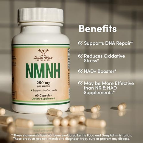 Double Wood Supplements - NMNH (NMN Alternativo) 250mg Por Porção, 60 Unidades (30 Porções) – Suplemento NAD para Aumentar os Níveis de NAD Conforme Envelhecemos (Sem OGM, Sem Glúten)