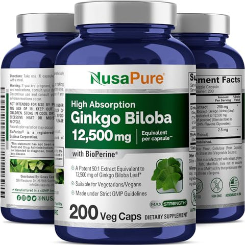 Extrato de Ginkgo Biloba 12.500mg por Cápsula Vegetal 200 Cápsulas (Vegetariano, Não-OGM, Vegano, Extrato 50:1) Bioperina - NusaPure