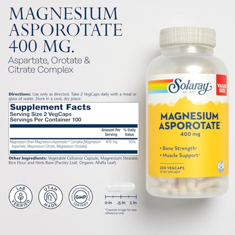 SOLARAY - Solaray Magnesium Asporotate 400 mg – Suplemento de Magnésio Quelato para Saúde Óssea e Muscular