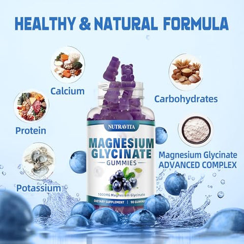 nutravita - Magnesium Glycinate Gummies 1000mg com Magnésio L-Treonato, Complexo de Magnésio Quelato de Potássio com VitD, B6, CoQ10, Cálcio, Suporte para Memória, Calma, Humor – 90 Gomas