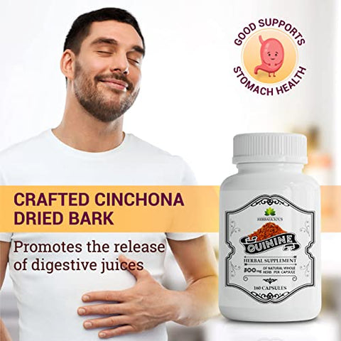 HERBALICIOUS - Cápsulas de Quinina – Suplemento Herbal de Casca de Cinchona Officinalis para Saúde Muscular, Defesa contra Cãibras e Digestão Geral – Comprimidos de Sulfato de Quinina 100% Natural, 500mg por Cápsula, 160