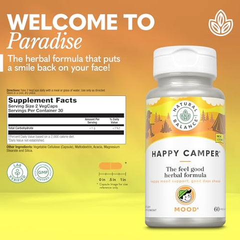 Happy Camper – Suplemento de Suporte ao Bom Humor – Cápsulas de Gotu Kola, Flor da Paixão e Kava Kava – Garantia de 60 Dias (30 Porções, 60 VegCaps) - Natural Balance