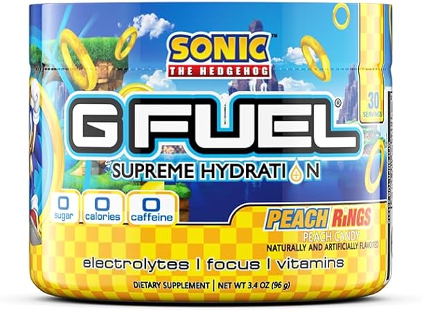Pó de Eletrólitos de Peach Rings do Sonic, Mistura de Água para Hidratação, Energia e Foco, Sem Açúcar, Suplemento de Zero Cafeína com Minerais Essenciais, Sabor de Peach Rings, 3.4g - G Fuel
