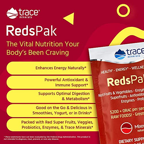 Reds Pak | Pó de Bebida de Super Alimentos | Polifenóis, Antioxidantes, Frutas, Vegetais, Probióticos | Suporte para o Intestino e Energia | Sabor de Frutas Vermelhas | Marca Trace Minerals - Trace Minerals