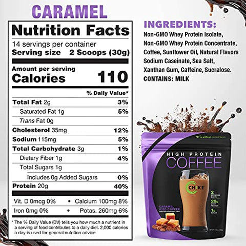 CHIKE - Chike Caramel Café Gelado Rico em Proteína, 20g Proteína, 2 Shots de Espresso, 1g Açúcar, Amigável à Dieta Keto e Sem Glúten, 14 Porções (420ml)