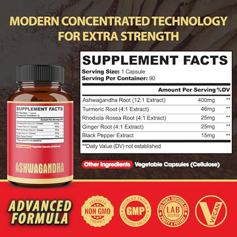 agobi - 90 Cápsulas – Suplemento de Ashwagandha – Raiz de Gengibre, Cúrcuma, Rhodiola Rosea
