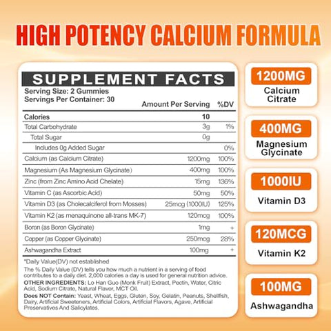 Maennyliy - Calcium 1200 mg com Vitamina D3 Gummies para Adultos – Citrato de Cálcio com Vitamina D3 K2, Magnésio, Zinco, Boro, Cobre e Ashwagandha – Suplemento de Cálcio de Absorção Extra para