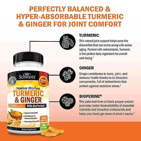 BioSchwartz - Turmeric Curcumin e Gengibre 2000mg com BioPerine para Máxima Absorção, 95%% Curcuminoides Padronizados Natural Suplemento de Cúrcuma para Articulações