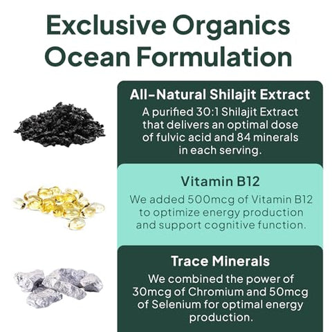 Organics Ocean - Shilajit para Homens e Mulheres – Suplemento Natural de Shilajit com Vitamina B12, Cromo e Selênio para Energia, Suporte Hormonal e Mais – 60 Gomas de Shilajit